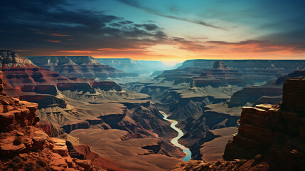 An artistic rendering of the Grand Canyon at dusk, with the last rays of sunlight illuminating the...