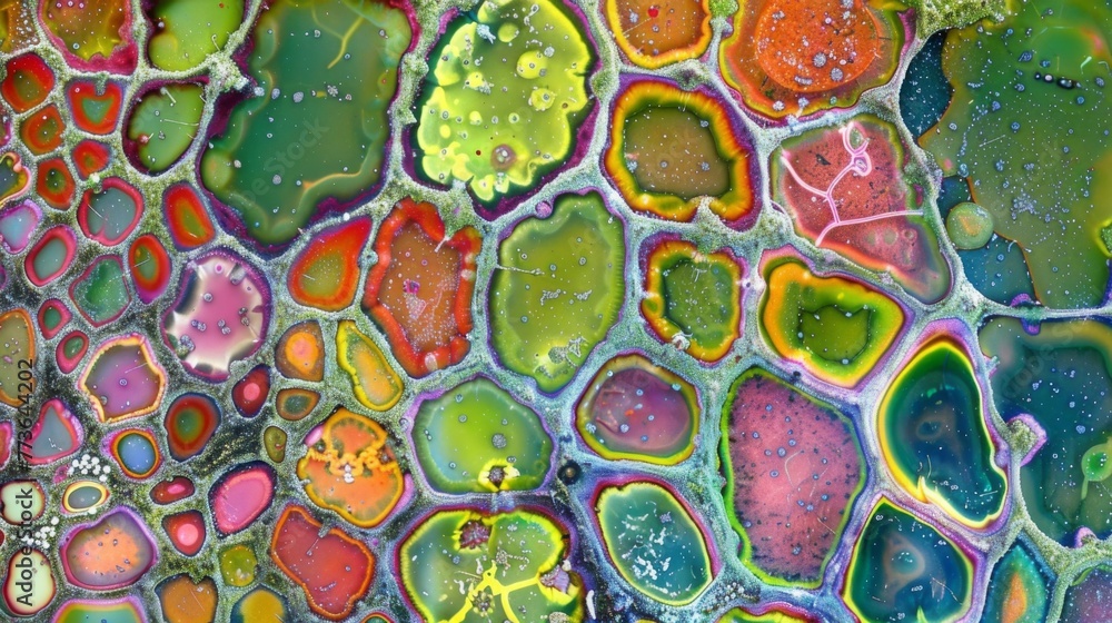 Poster an intricate pattern of algal cells with each one displaying a unique combination of pigments creati