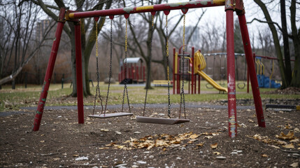 Fototapeta premium An empty playground with no children running around or laughter filling the air. The swings hang motionless and the slide stands abandoned . .