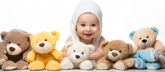 Adorable infant seated among a group of plush teddies, creating a charming and cute scene