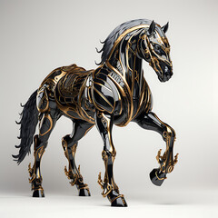 futuristic luxury cyborg machine horse, Artificial intelligence concept. black and gold, against isolated background.