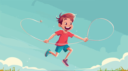 Closeup boy jumping rope alone flat cartoon vactor - obrazy, fototapety, plakaty