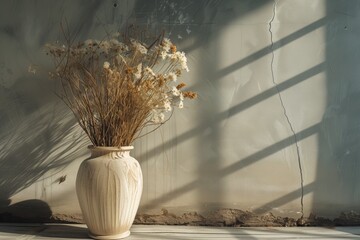 bouquet of dried flowers in a floor vase. place to insert - obrazy, fototapety, plakaty