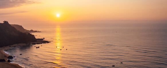 Aerial view of sunrise sea landscape - obrazy, fototapety, plakaty
