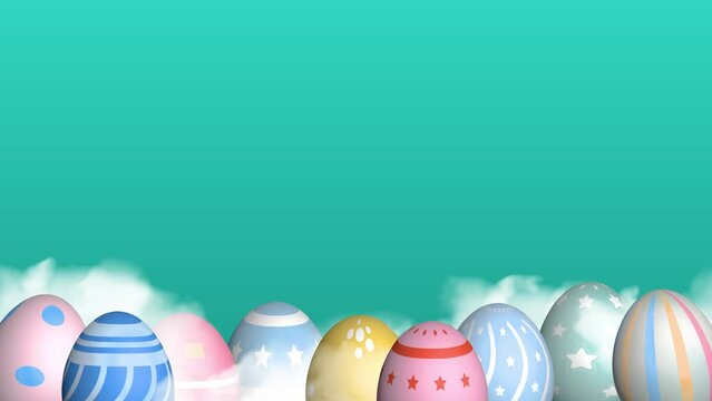 rotating easter eggs with realistic clouds on solid background.