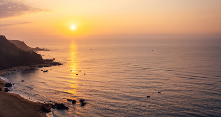 Aerial view of sunrise sea landscape - obrazy, fototapety, plakaty
