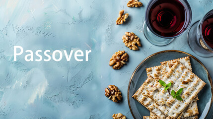 Pesach jewish holiday passover celebration concept matzah red kosher wine and walnut traditional ritual jewish bread on light blue background passover food with copy space
