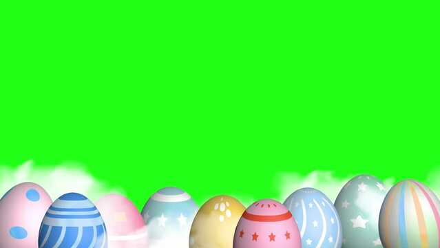 rotating easter eggs with realistic clouds on green screen background.