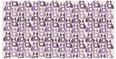 Seamless pattern Cat with letters C D cute doodle Black purple
