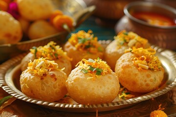 Pani puri indian food, with a decorations. - obrazy, fototapety, plakaty