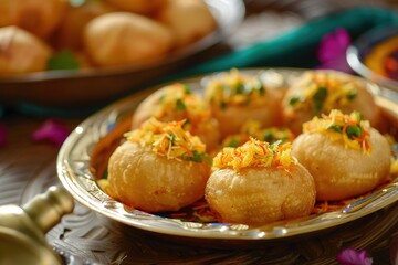 Pani puri indian food, with a decorations. - obrazy, fototapety, plakaty
