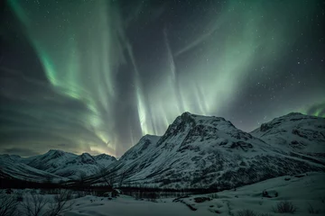 Wandcirkels aluminium The Northern Lights over snow-covered mountains , shining under a starry sky © yuz