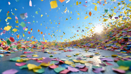 colorful confetti. Image material of confetti dancing in the blue sky.