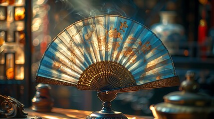 Soft focus accentuates the delicate curves of a vintage fan, evoking a sense of timeless elegance and understated luxury.