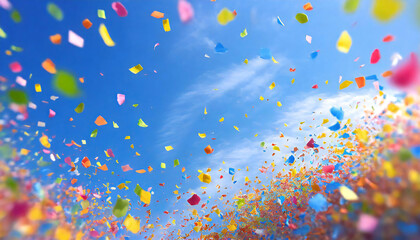 カラフルな紙吹雪。青空に舞う紙吹雪のイメージ素材。colorful confetti. Image material of confetti dancing in the blue sky.