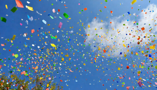 カラフルな紙吹雪。青空に舞う紙吹雪のイメージ素材。colorful confetti. Image material of confetti dancing in the blue sky.