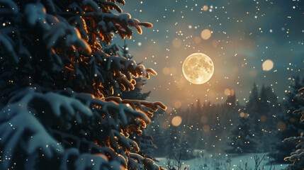The wintry landscape is transformed into a symphony of light and snow as the moons gentle glow brings a sense of tranquility and awe . .