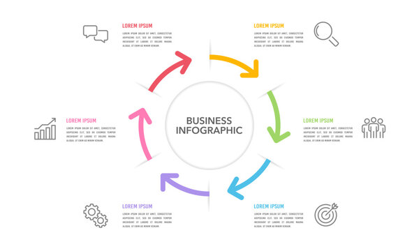 Concept of 6 step circular business process. Infographic arrow design template. Presentation, Project. Vector illustration.