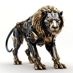 futuristic luxury cyborg machine lion, Artificial intelligence concept. black and gold, against...