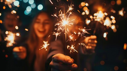 Young friends holding sparklers celebrating a new year eve party