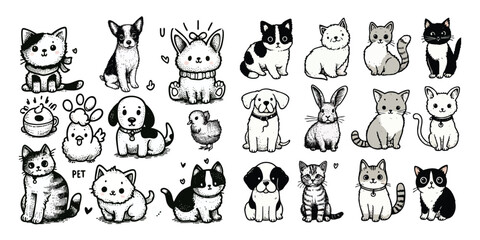  simple hand drawn pet collection. Set pet isolated on white background
