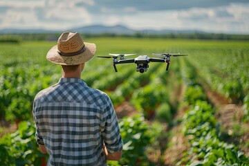 Fototapeta premium The farmer uses a quadcopter to control the growth of the crop.