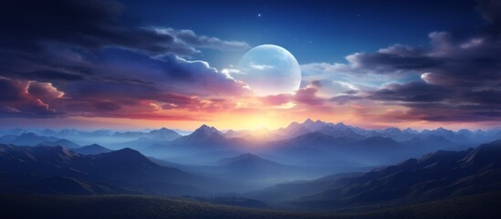 The serene beauty of the sun setting over a majestic mountain range is enhanced by the presence of a glowing full moon in the sky - Powered by Adobe