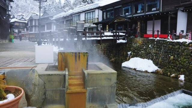Natural Geothermal Hot Springs at Ginzan Onsen, Yamagata Japan 4k