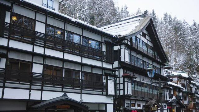 Ginzan Onsen, Snow on Traditional Ryokan Hot Springs in Japan, Winter Scene 4k