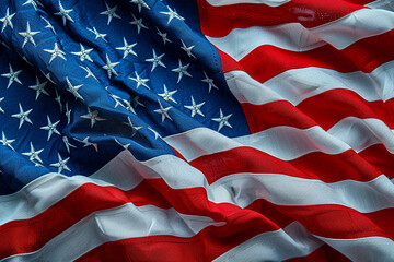 A fabric detail of an American flag, stitches and stars sharp, celebrating Flag Day. - obrazy, fototapety, plakaty