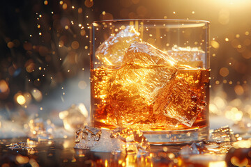 A glass of bourbon on the rocks the amber liquids rich hues and ice crystals sparkling under warm