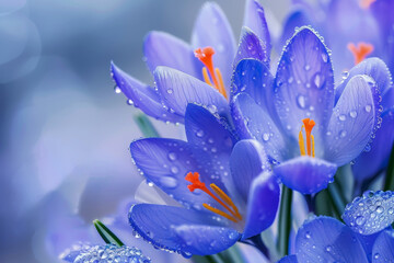 Spring flowers of blue crocuses in drops of water on the background of tracks of rain drops generative ai