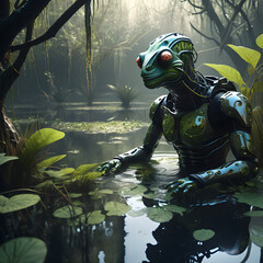 The man cyborg in his neoprene gear was a daunting sight as he displayed his creepy chameleon-like mutations while partially submerged in the murky swamp. The way his body seamlessly blended with the 