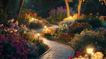 A dreamy garden filled with blooming flowers and winding paths. Soft ling lights illuminate the area creating a magical ambiance that . .