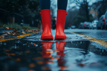 feet in rubber boots rain puddle on road city background . ai generative