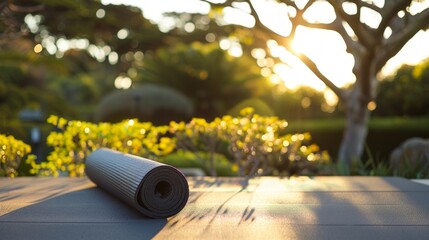 Rolled yoga mat placed on a wooden floor against the backdrop of a blurry park