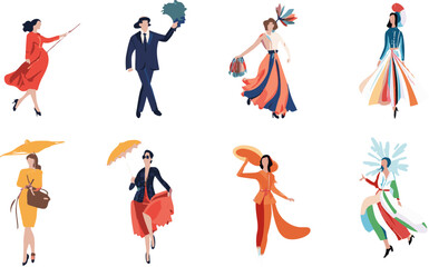 Elegant Fusion of Vintage and Modern Fashion, Stylish Figures in Dynamic Poses and Chic Attires