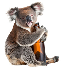 Australian koala bear holding a bottle of drink, isolated on transparent background