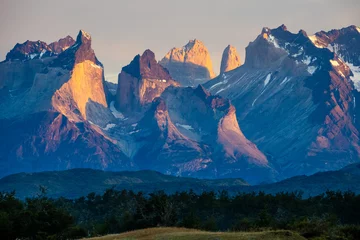 Muurstickers Cuernos del Paine Sunrise in Torres del Paine seen from a valley of Serrano River