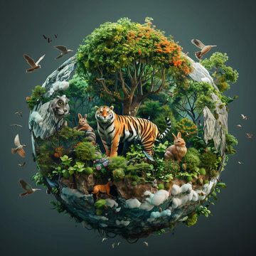 World wildlife day tiger standing on top of a green field forest background