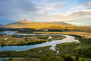 Sunrise in Torres del Paine seen from a valley of Serrano River