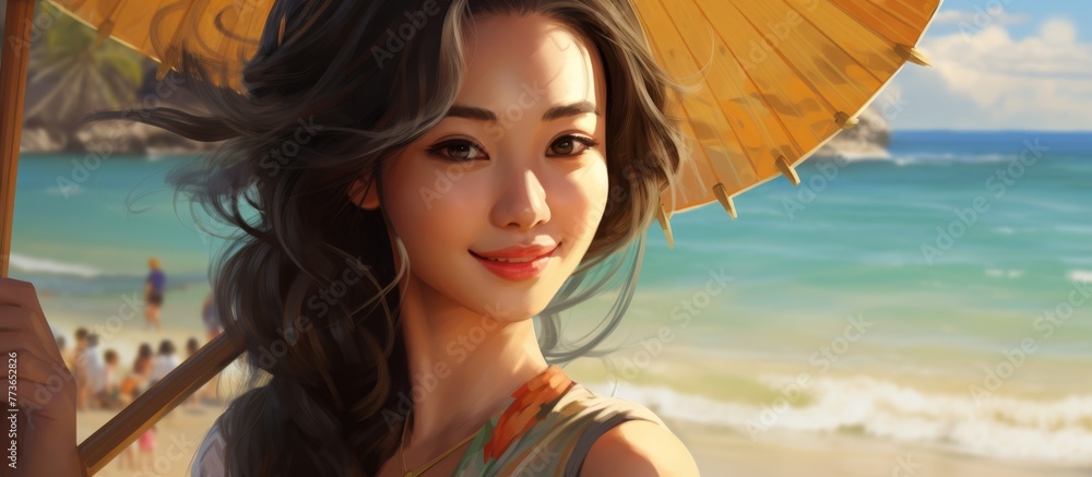 Canvas Prints a female figure holding a parasol while standing on the shore of a beach with soft, golden sand