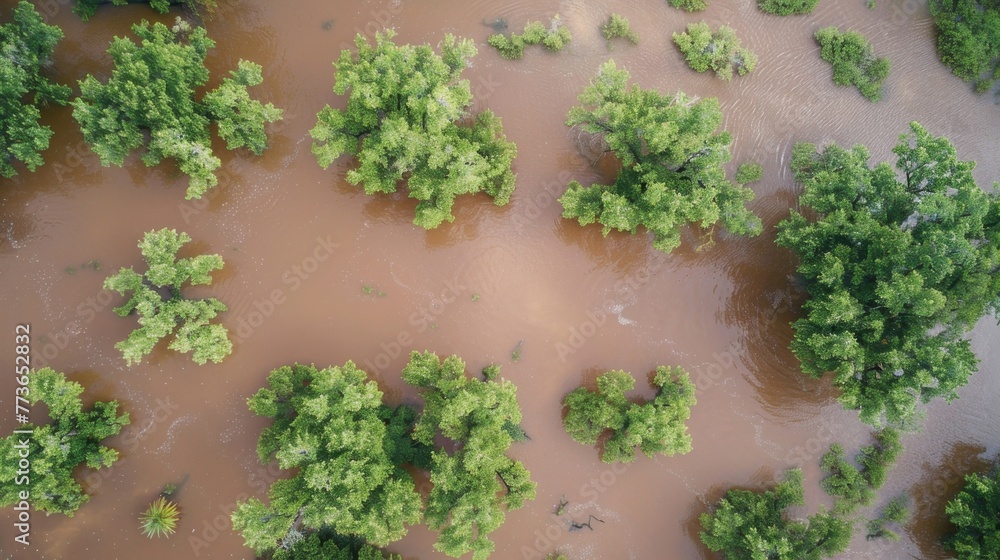 Aufkleber aerial view of a flood plain completely submerged in rapidly rising water with only the tops of tree
