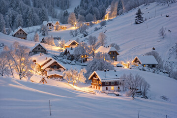A snow-covered village at night, small houses emitting warm light, a quiet snowy night