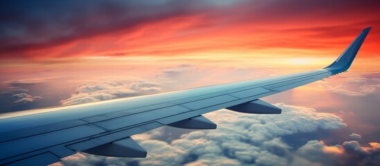 The view from a window seat reveals the wing of an aircraft gliding high above the fluffy white...