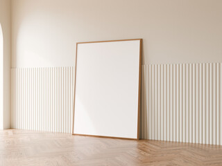 Vertical blank frame mockup with minimal white flute wall cladding, Wood floor, Arch door, 3d illustration.