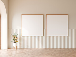 Two empty square wood frame with minimal white flute wall cladding, Rubber tree plant in white vase, Wood herringbone floor, 3d illustration.