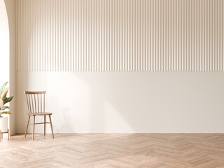 Minimal white interior blank wall mockup with wood chair, Rubber tree plant, 3d illustration.