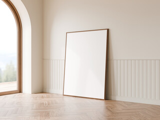Frame mockup vertical with minimal white wall, Wood floor, Arch door, 3d illustration.