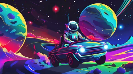 Möbelaufkleber Astronaut robot riding a car on a planet in space with colorful modern style illustration  © Darrity